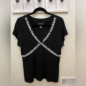 STYLE & co. Black V-Neck Top with Criss-Cross White Beaded Design. Size XL